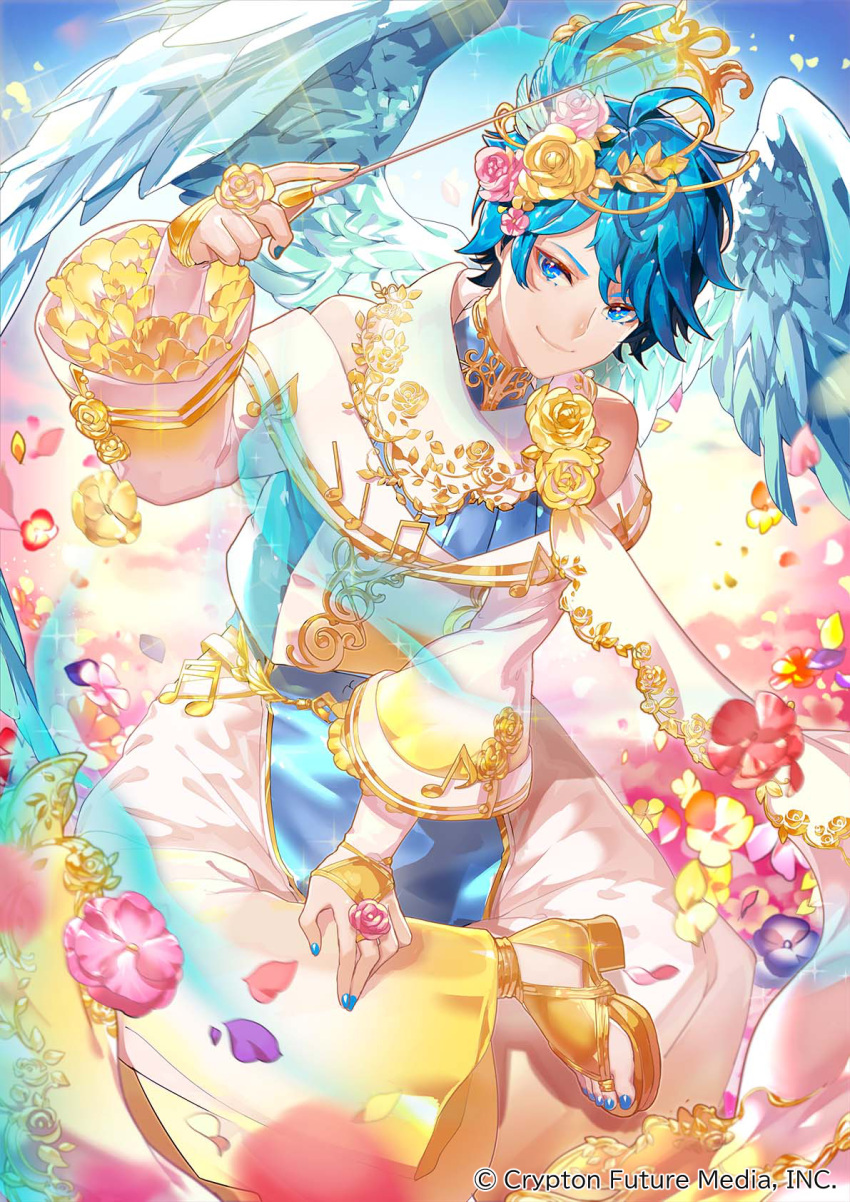 1boy ahoge baggy_pants blue_eyes blue_hair blue_nails blue_wings crossed_legs falling_petals feathered_wings flower hair_ornament hatsune_miku_graphy_collection highres kaito_(vocaloid) looking_at_viewer male_focus musical_note official_art pants petals pink_flower purple_flower sandals sawashi_(ur-sawasi) short_hair sitting smile sparkle vocaloid wings yellow_flower yellow_pants