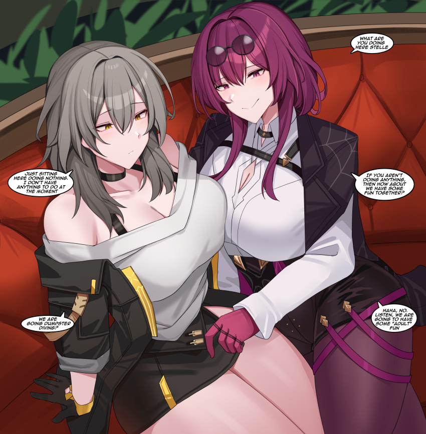 2girls absurdres bare_shoulders black_choker black_gloves black_jacket black_shorts black_skirt bra_strap breasts brown_eyes choker cleavage cleavage_cutout clothing_cutout commentary gloves grey_hair hair_intakes highres honkai:_star_rail honkai_(series) indoors jacket kafka_(honkai:_star_rail) kanta_(kanta_077) large_breasts long_hair long_sleeves miniskirt multiple_girls off-shoulder_shirt off_shoulder open_clothes open_jacket pantyhose pantyhose_under_shorts purple_eyes purple_hair purple_pantyhose shirt short_shorts shorts sitting skirt speech_bubble stelle_(honkai:_star_rail) thick_thighs thighs trailblazer_(honkai:_star_rail) white_shirt yuri