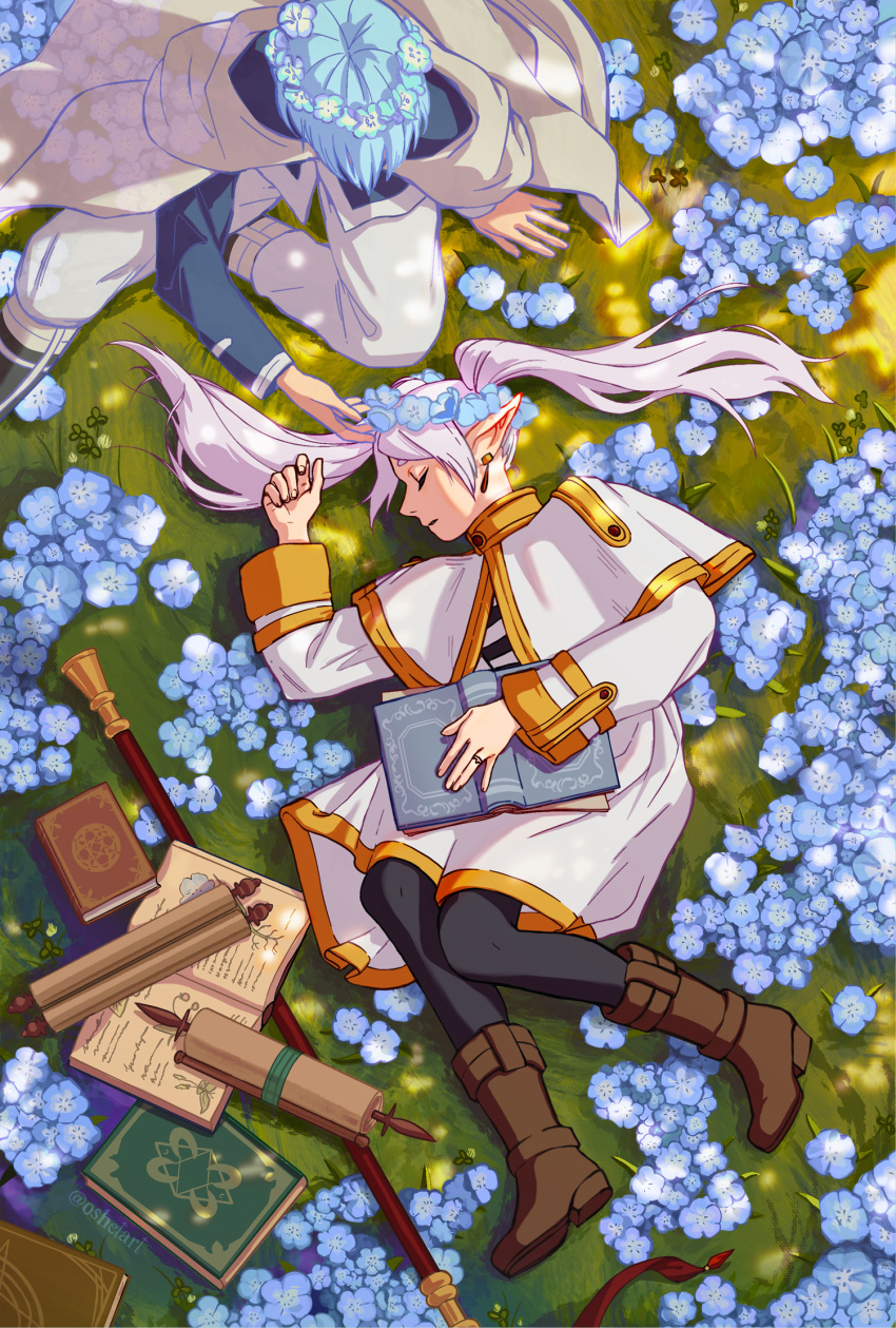 1boy 1girl black_pantyhose blue_flower blue_hair book boots brown_footwear capelet closed_eyes closed_mouth commentary drop_earrings earrings elf english_commentary flower flower_wreath frieren from_above gold_trim head_wreath highres himmel_(sousou_no_frieren) holding holding_book jewelry long_hair lying on_grass on_side open_book oshetart pantyhose pointy_ears scroll sousou_no_frieren staff twintails white_capelet white_hair