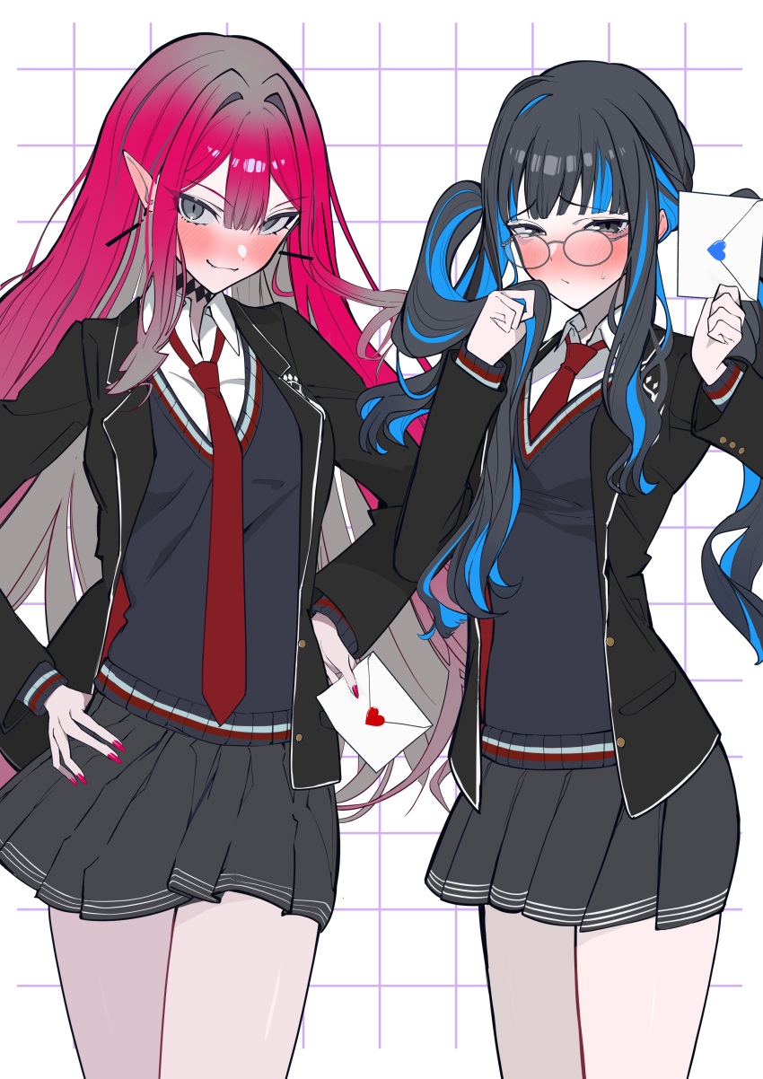 2girls absurdres baobhan_sith_(fate) black_hair black_jacket blazer blue_hair blush earrings embarrassed envelope fate/grand_order fate_(series) glasses grey_eyes grey_shirt grey_skirt grid_background hand_up hands_on_own_hips highres holding holding_envelope jacket jewelry long_hair looking_at_viewer multicolored_hair multiple_girls nail_polish necktie nose_blush open_clothes open_jacket pink_hair pink_nails pointy_ears red_necktie school_uniform shirt sidelocks skirt smile sweatdrop tenochtitlan_(fate) twintails uriuriyukitti white_background