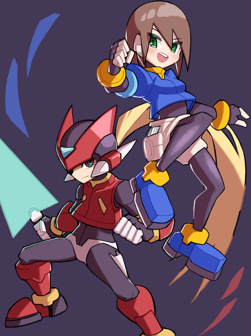 1boy 1girl aile_(mega_man_zx) armor black_bodysuit blonde_hair blue_footwear blue_jacket bodysuit bodysuit_under_clothes boots breasts brown_hair crop_top cropped_jacket energy_sword forehead_jewel green_eyes grey_background highres holding holding_sword holding_weapon in-franchise_crossover jacket long_hair mega_man_(series) mega_man_zero_(series) mega_man_zx red_footwear red_helmet robot_ears shaded_face short_hair shorts suiran_(suiran2822) sword weapon white_shorts z_saber zero(z)_(mega_man) zero_(mega_man)