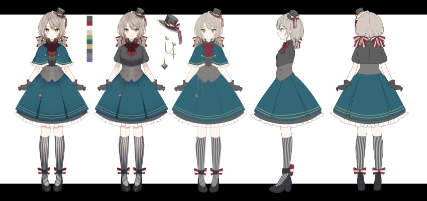 1girl absurdres black_gloves bow gloves green_eyes hat highres light_brown_hair mili_mirror mini_hat nabeniuitagomi red_bow reference_sheet smile socks striped_clothes striped_socks virtual_youtuber voice-ore