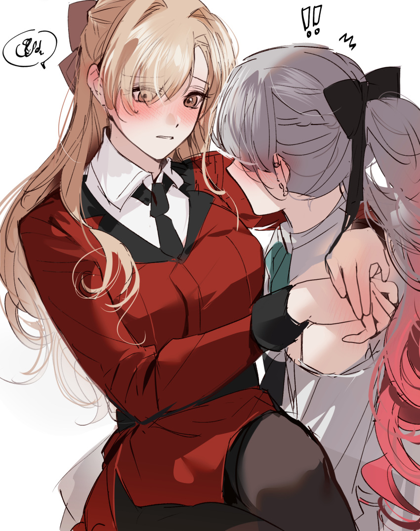 ! !! 2girls arms_around_neck black_bow black_necktie black_pantyhose blonde_hair blush bow brown_eyes carrying collared_shirt commentary dress female_commander_(girls'_frontline) fresa_pie girls'_frontline gradient_hair grey_hair hair_bow hand_on_another's_shoulder highres long_hair lwmmg_(girls'_frontline) multicolored_hair multiple_girls necktie off-shoulder_dress off_shoulder pantyhose parted_lips pink_hair ponytail princess_carry shirt simple_background spoken_squiggle squiggle white_background white_dress white_shirt yuri