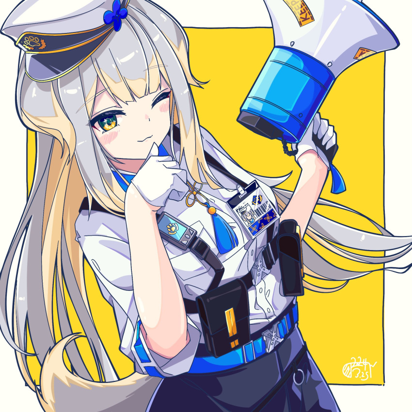 1girl belt black_shorts blonde_hair blue_belt breast_pocket dog_tail gloves gradient_hair green_eyes grey_hair half_gloves hat highres holding holding_megaphone holster id_photo long_hair megaphone multicolored_hair neck_tassel nijisanji one_eye_closed pocket police_hat shioriha_ruri shirt shorts solo sunekos tail virtual_youtuber white_gloves white_shirt