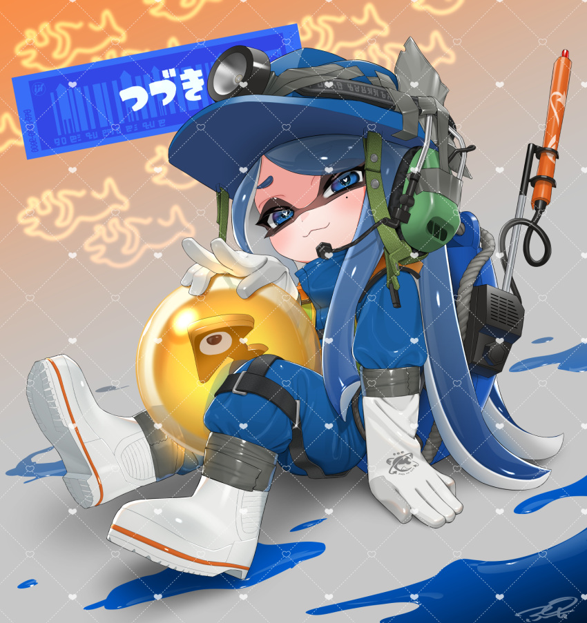 1girl :3 blue_eyes blue_hair blue_jumpsuit boots closed_mouth commentary commission duct_tape full_body gloves golden_egg gradient_background grey_background heart heart-shaped_pupils highres inkling inkling_girl inkling_player_character jumpsuit lifebuoy long_hair looking_at_viewer mining_helmet mole mole_under_eye orange_background puchiman rubber_boots rubber_gloves salmon_run_(splatoon) sitting smile smug solo splashtag_(splatoon) splatoon_(series) splatoon_3 swim_ring symbol-shaped_pupils two-tone_background white_footwear white_gloves