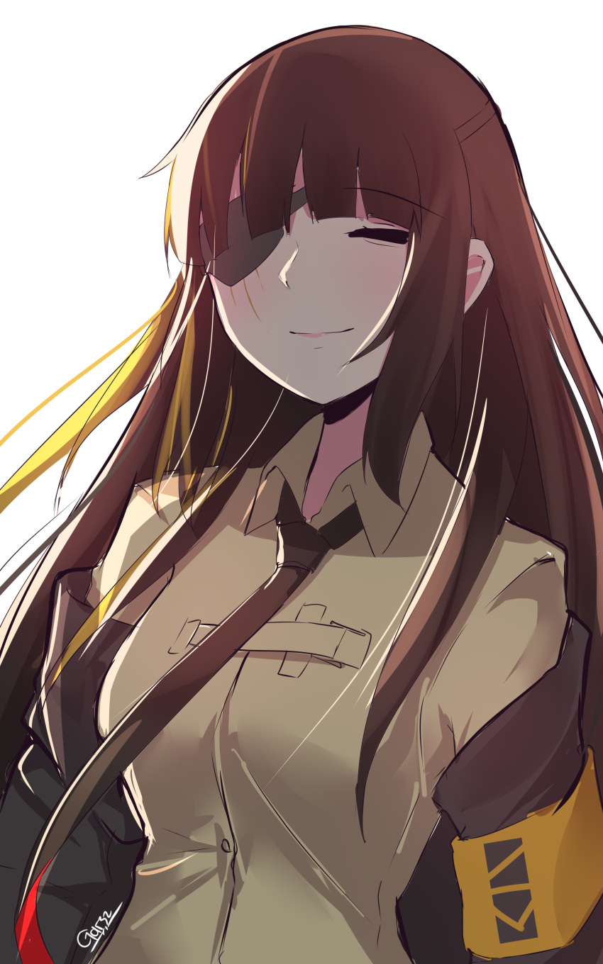absurdres armband black_jacket black_necktie closed_eyes closed_mouth eyepatch gar32 girls'_frontline highres hood hooded_jacket jacket long_hair m16a1_(girls'_frontline) mole mole_under_eye multicolored_hair necktie scar shirt simple_background smile solo yellow_armband yellow_shirt