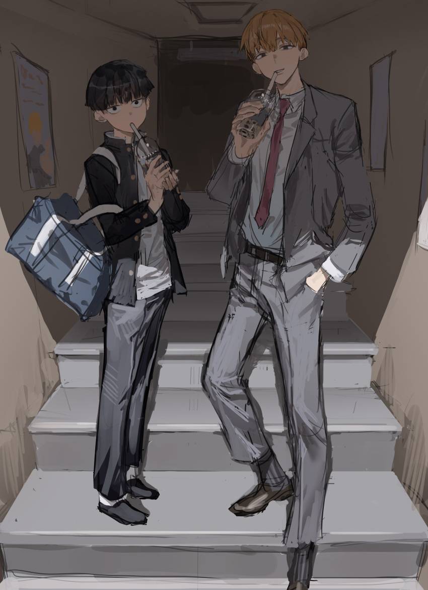 2boys absurdres bag belt black_belt black_eyes black_footwear black_hair black_jacket black_pants blonde_hair blunt_bangs bubble_tea buttons chamuring collared_jacket cup drinking_straw drinking_straw_in_mouth full_body gakuran grey_jacket grey_pants grey_suit hand_in_pocket highres holding holding_cup jacket kageyama_shigeo looking_at_viewer male_focus mob_psycho_100 multiple_boys necktie pants parted_lips purple_necktie reigen_arataka school_bag school_uniform shirt short_hair stairs standing suit white_shirt