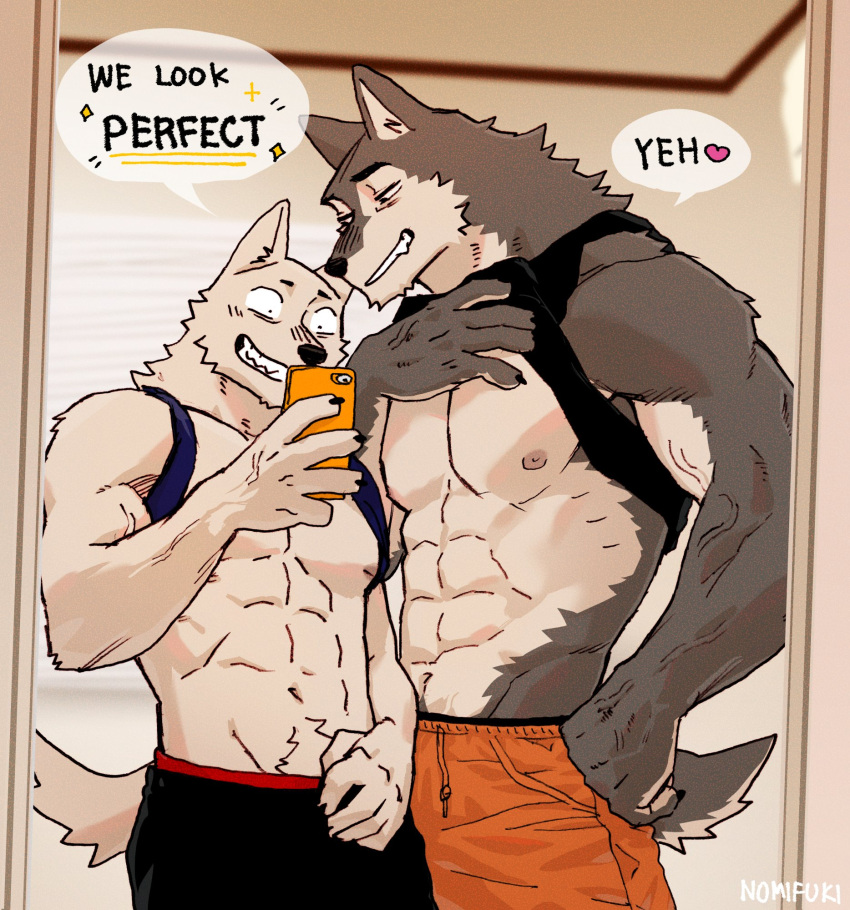 2boys abs bara bare_pectorals biceps black_pants cellphone english_text furry furry_male grin highres male_focus male_underwear male_underwear_peek mirror multiple_boys nipples nomifuki orange_pants original pants pectorals phone shirt_over_head smartphone smile underwear yaoi