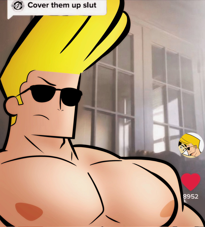 1boy bara blonde_hair cartoon_network commentary cover_them_up_slut_(meme) dialogue_box english_commentary frown heart highres indoors johnny_bravo johnny_bravo_(series) large_pectorals male_focus meme muscular muscular_male nipples nude pectoral_focus pectorals photo_background pompadour raised_eyebrow samurai_jack samurai_jack_(character) short_hair sideburns solo spiked_hair sunglasses upper_body user_interface vispa_king