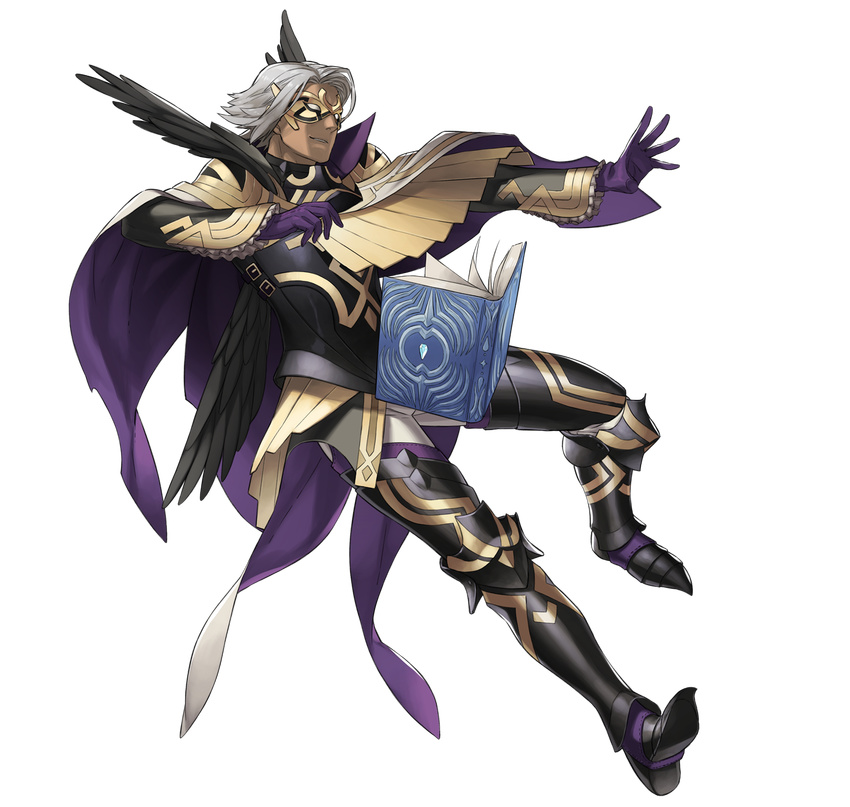 armor armored_boots book boots cape dark_skin dark_skinned_male feathers fire_emblem fire_emblem_heroes full_body gloves highres kozaki_yuusuke male_focus mask mysterious_man_(fire_emblem) official_art solo teeth transparent_background white_hair