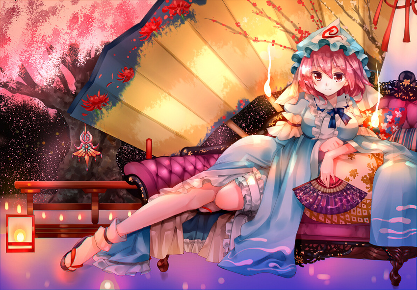 &gt;:) arm_garter bangs blue_dress blush bobby_socks breasts cherry_blossoms closed_mouth commentary_request couch dress fan folding_fan full_body hat hitodama holding holding_fan japanese_clothes kimono lantern large_breasts long_sleeves lying mob_cap nagare on_side pink_hair red_eyes saigyouji_yuyuko saigyouji_yuyuko's_fan_design sandals short_hair smile socks solo touhou triangular_headpiece v-shaped_eyebrows white_legwear wide_sleeves
