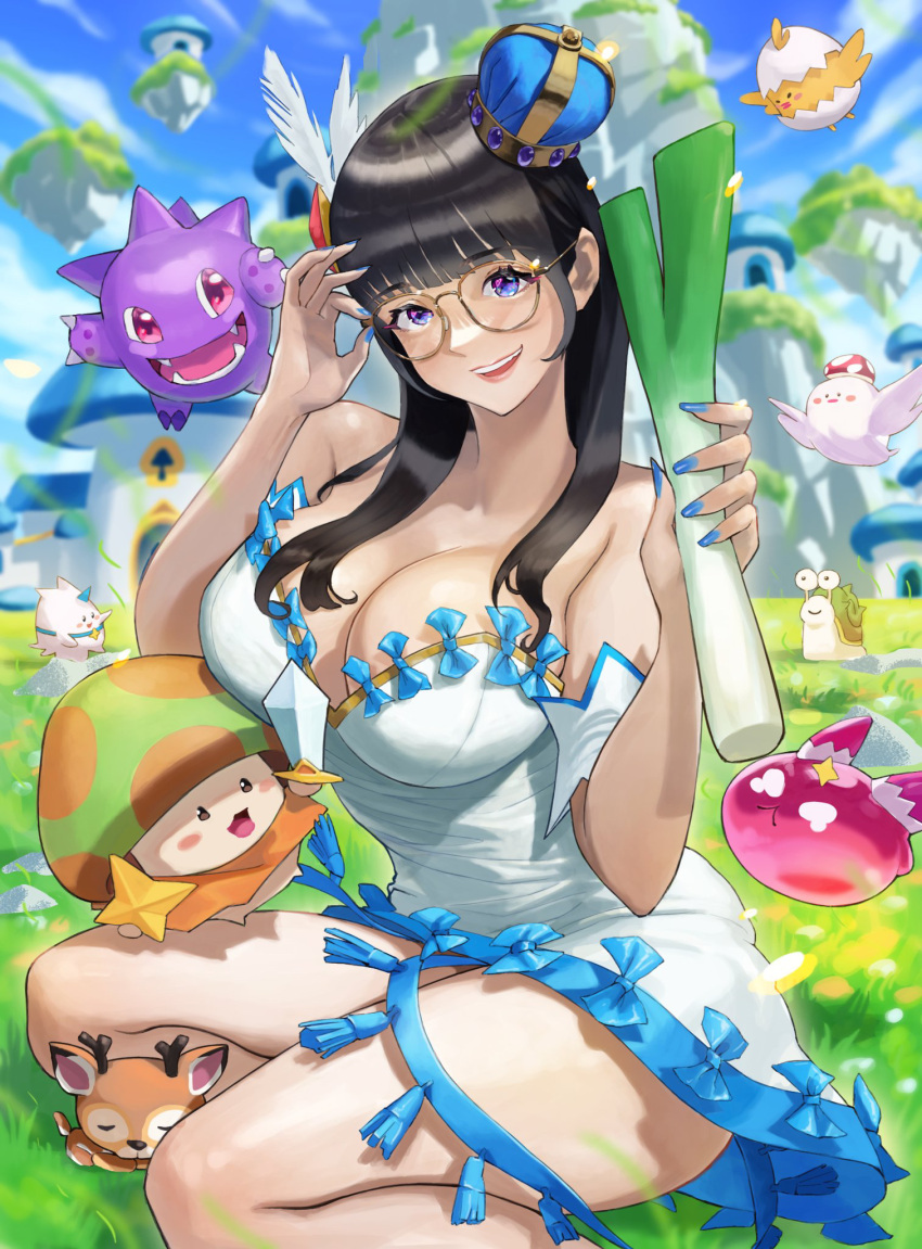 1girl adjusting_eyewear animification black_hair blue_eyes blue_nails breasts character_request cleavage cloud deer dress feather_hair_ornament feathers floating_island food glasses hair_behind_ear hair_ornament hand_on_eyewear head_tilt highres holding holding_food holding_vegetable jimoninn_(user_57120863) kinoko_densetsu:_yuusha_to_mahou_no_lamp large_breasts looking_at_viewer real_life round_eyewear shinonome_umi sitting sky slime_(creature) smile spring_onion vegetable white_dress