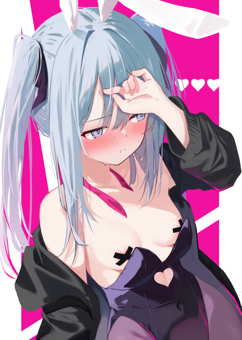 ... 1girl absurdres aqua_hair bare_shoulders black_jacket black_leotard blue_eyes blush breasts cleavage closed_mouth clothing_cutout covered_navel cross_pasties hatsune_miku heart_cutout highres jacket large_breasts leotard long_sleeves looking_to_the_side memekko pantyhose pasties pink_background playboy_bunny rabbit_hole_(vocaloid) sweat twintails two-tone_background vocaloid