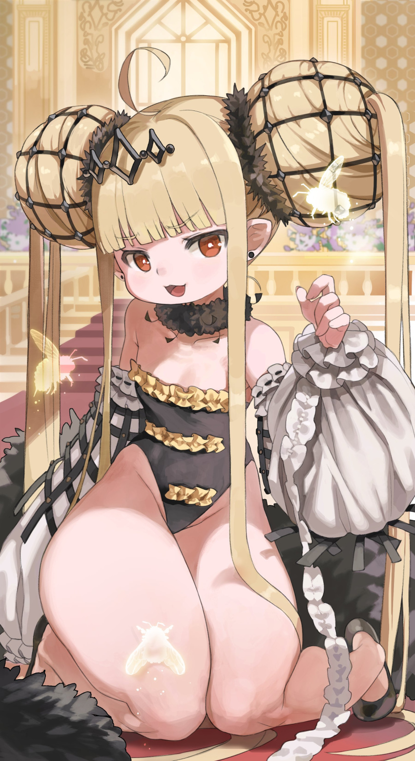 1girl :3 absurdres bare_legs bare_shoulders black_footwear black_leotard blonde_hair blunt_bangs bug bun_cover detached_sleeves diadem double_bun flat_chest frilled_leotard frills full_body hair_bun highleg highleg_leotard highres kkaebing legs leotard long_hair long_legs long_sleeves looking_at_viewer moth open_mouth original pointy_ears puffy_detached_sleeves puffy_sleeves red_eyes shoes smile solo strapless strapless_leotard twintails very_long_hair