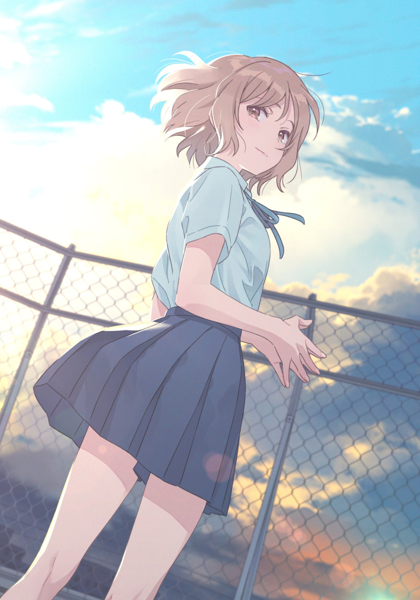 1girl absurdres blue_ribbon blue_skirt bob_cut brown_eyes chain-link_fence cloud cloudy_sky collared_shirt commentary dutch_angle feet_out_of_frame fence from_behind gradient_sky hechima_(issindotai) highres light_brown_hair light_smile looking_at_viewer looking_back loose_hair_strand miniskirt motokano_ga_tenkou_shitekite_kimazui_kogura_richi_no_wana_to_koi. neck_ribbon official_art outdoors pleated_skirt ribbon school_uniform shibuya_nairu shirt shirt_tucked_in short_hair short_sleeves sidelocks skirt sky solo standing steepled_fingers white_shirt