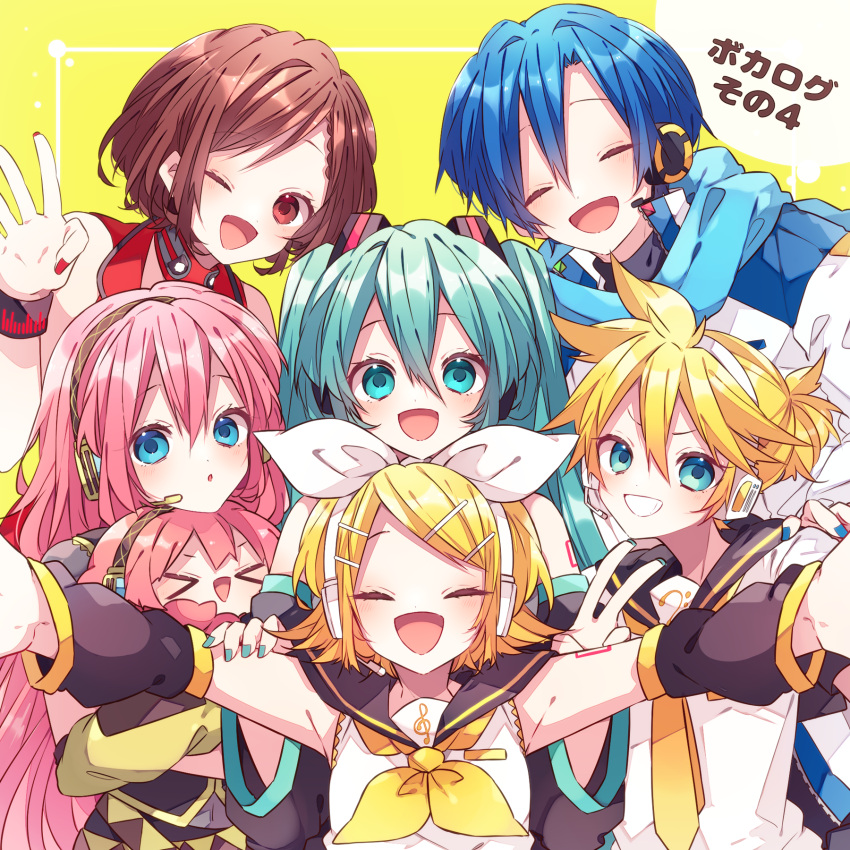 &gt;o&lt; 2boys 5girls :o black_shirt black_sleeves black_wristband blonde_hair blue_hair blue_nails blue_scarf bow brown_eyes brown_hair closed_eyes coat crop_top detached_sleeves grin hair_ornament hairclip hatsune_miku headset highres kagamine_len kagamine_rin kaho_0102 kaito_(vocaloid) light_blush long_hair long_sleeves megurine_luka meiko_(vocaloid) mouthpiece multiple_boys multiple_girls neckerchief necktie one_eye_closed open_mouth pink_hair red_nails red_shirt scarf shirt short_hair sleeveless smile takoluka twintails v vocaloid white_bow white_coat white_shirt wristband yellow_background yellow_neckerchief yellow_necktie