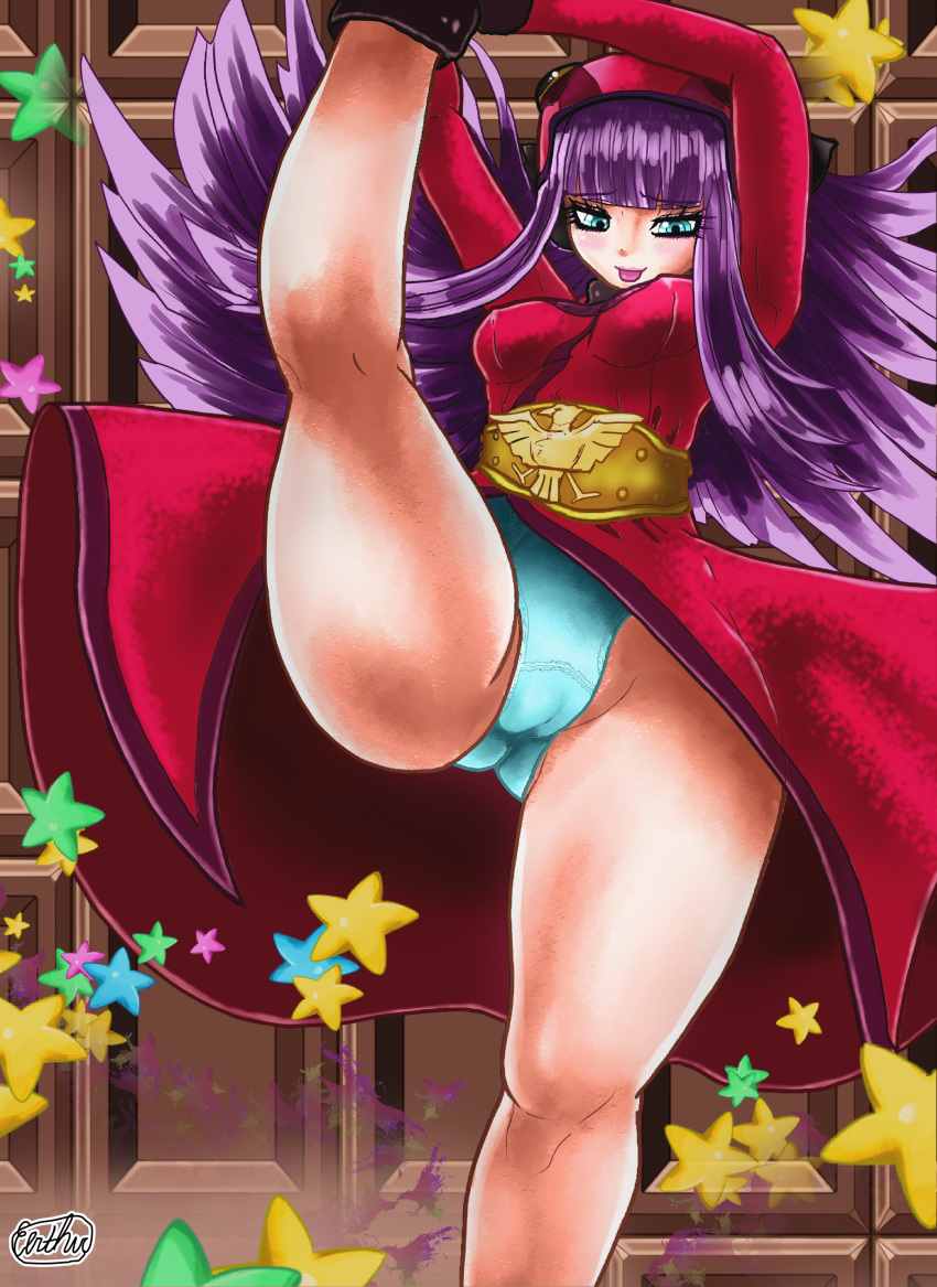 1girl absurdres belt bird_hood blue_eyes blue_panties breasts cameltoe candy chocolate chocolate_bar flexible food highres holding_leg hood hoodie leg_lift leg_up medium_breasts multicolored_hair muu_shuwuu panties pantyshot purple_hair shin_megami_tensei signature star_(symbol) thighs tongue tongue_out two-tone_hair underwear white_hair yoshikisakurai