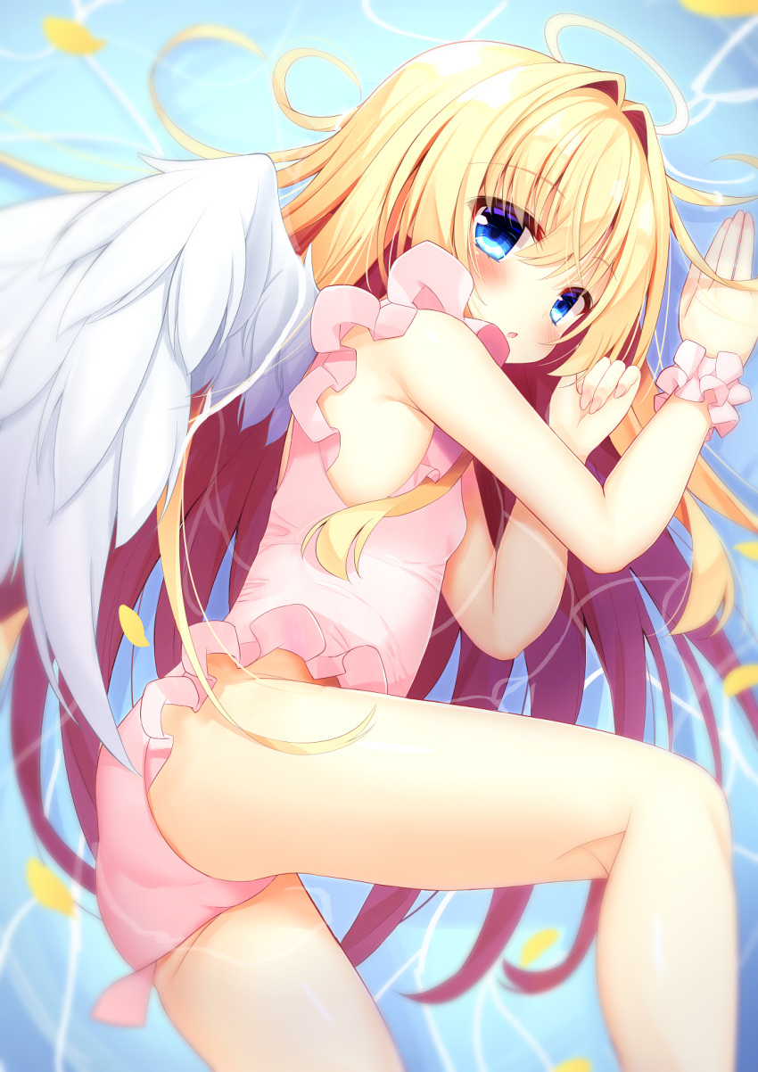 1girl :o angel angel_wings bare_arms bare_legs blonde_hair blue_eyes blush breasts feet_out_of_frame frilled_one-piece_swimsuit frilled_wristband frills from_above from_side hair_intakes hair_spread_out halo hands_up highres hiragana_iroiro knee_up long_hair looking_at_viewer looking_to_the_side lying one-piece_swimsuit open_mouth original partially_submerged pink_one-piece_swimsuit shallow_water sideways_glance small_breasts solo swimsuit very_long_hair water white_wings wings