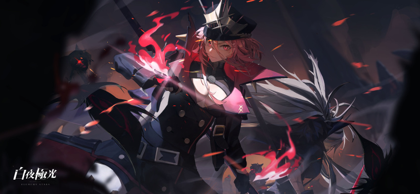 2girls absurdres alchemy_stars aura belt big_hair blurry blurry_foreground breasts character_request cleavage clenched_hand copyright_name dutch_angle gloves hat high_collar highres holding holding_weapon large_breasts loftcat looking_at_viewer medium_hair military_hat military_uniform multiple_girls official_art partially_fingerless_gloves red_gloves red_hair scar scar_on_arm uniform weapon wrath_(alchemy_stars)