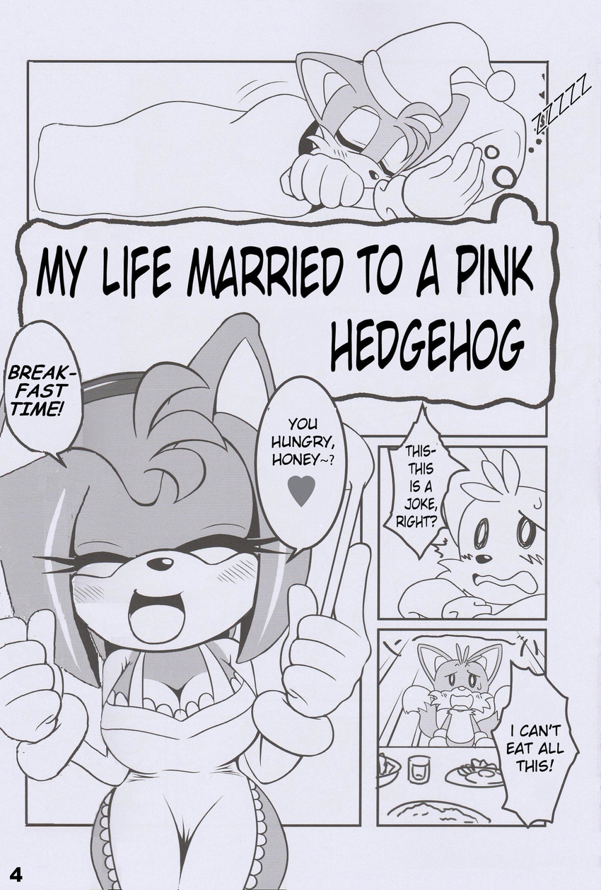 &lt;3 absurd_res amy_rose anthro big_breasts breasts canine cleavage clothed clothing comic english_text female fox hedgehog hi_res male mammal michiyoshi miles_prower monochrome smile sonic_(series) text