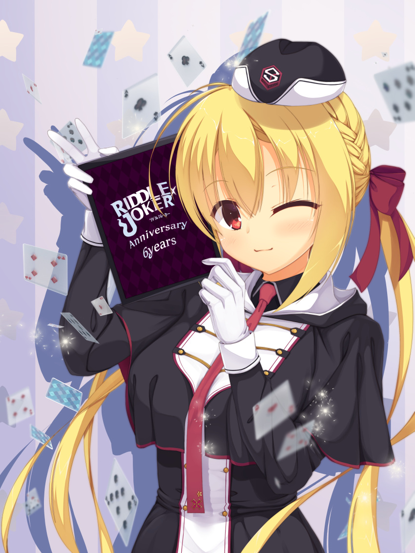 1girl :3 absurdres anniversary arihara_nanami black_capelet black_hat black_jacket blonde_hair blush braid capelet card closed_mouth commentary_request copyright_name drop_shadow eyes_visible_through_hair floating_card garrison_cap gloves hair_between_eyes hands_up happy hat highres holding holding_sign jacket long_hair long_sleeves looking_at_viewer low_twintails military_uniform necktie one_eye_closed playing_card red_eyes red_necktie reiji_tsukimi riddle_joker side_braid sign simple_background smile solo sparks star_(symbol) straight_hair tsurime twintails uniform upper_body v very_long_hair white_gloves