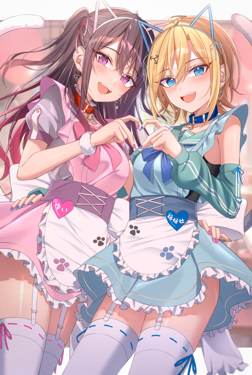 2girls absurdres animal_ear_hairband animal_ears apron bell black_hair blonde_hair blue_bow blue_bowtie blue_collar blue_dress blue_eyes blue_nails blue_sailor_collar blush bow bowtie breasts cat_ear_hairband cat_ears cat_tail character_name collar collarbone commentary_request detached_sleeves dress earrings fake_animal_ears garter_straps hair_between_eyes hair_ornament hairband heart heart_earrings heart_hands heart_hands_duo highres jewelry kunimine_yuzuki long_hair looking_at_viewer medium_breasts multiple_girls nail_polish nanase_(kunimine_yuzuki) neck_bell open_mouth original pink_bow pink_bowtie pink_dress pink_eyes pink_nails puffy_short_sleeves puffy_sleeves red_collar sailor_collar short_sleeves sidelocks sleeveless sleeveless_dress tail teeth thighhighs translated two_side_up upper_teeth_only waist_apron white_apron white_thighhighs yui_(kunimine_yuzuki)