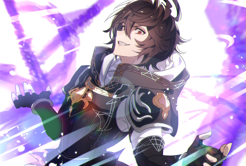 1boy ahoge armor breastplate brown_hair commentary_request crazy_eyes crazy_smile empty_eyes energy_sword evil_grin evil_smile fingerless_gloves furrowed_brow gloves glowing granblue_fantasy grin hair_between_eyes highres hood hood_down leaning_back light_particles light_rays looking_at_viewer makita_(homosapiensu) male_focus messy_hair outstretched_arms red_eyes sandalphon_(granblue_fantasy) short_hair shoulder_armor smile solo_focus sword upper_body weapon