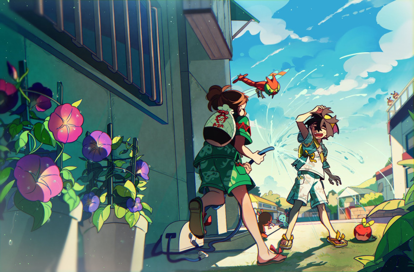 1boy 1girl applin black_hair blue_sky brown_hair bug closed_eyes cloud commentary_request crossed_bangs dragonfly green_shirt green_shorts highres holding holding_hose hoothoot hose house insect_wings juliana_(pokemon) kieran_(pokemon) korean_commentary multicolored_hair open_mouth outdoors paldean_wooper plant pokemon pokemon_(creature) pokemon_sv potted_plant print_shirt print_shorts purple_hair sandals selyg15 shirt shorts sky two-tone_hair water white_shirt white_shorts wings wooper yanma