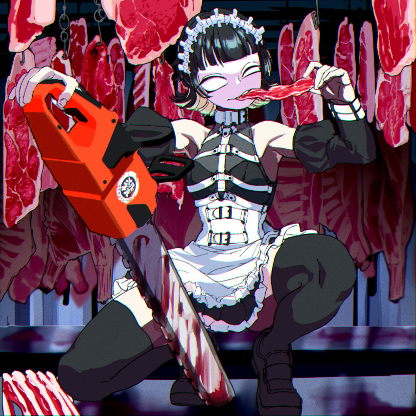 1girl apron bare_shoulders black_footwear black_hair black_thighhighs blood boby_oreon bone bone_hair_ornament chainsaw chromatic_aberration colored_inner_hair commentary corset detached_sleeves dress eating food hair_ornament hanging_food highres holding holding_chainsaw hook meat multicolored_hair no_pupils original raw_meat shoes solo spine squatting symbol-only_commentary thighhighs