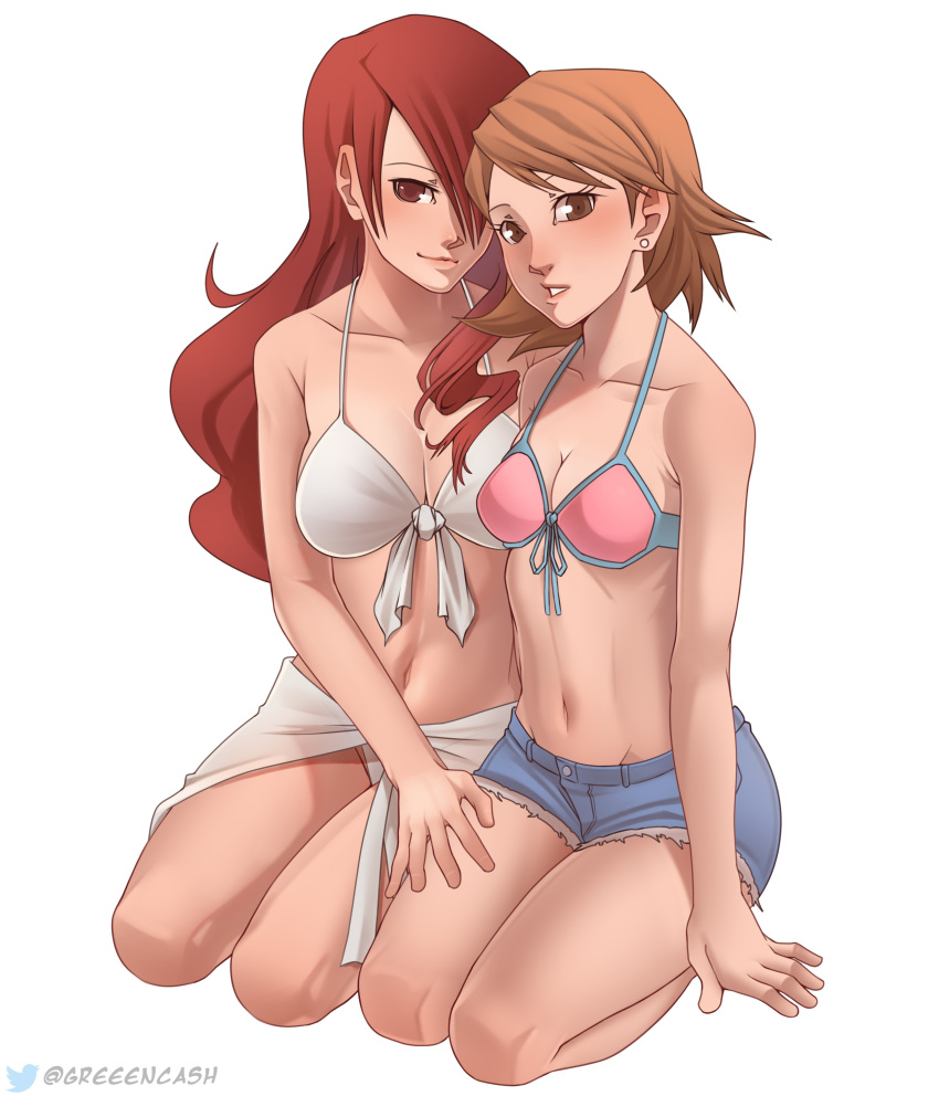 2girls absurdres armpit_crease artist_name bikini blue_shorts breasts brown_eyes brown_hair collarbone commentary earrings english_commentary eyelashes hair_over_one_eye hand_on_another's_thigh highres jewelry kirijou_mitsuru large_breasts long_hair looking_at_viewer medium_breasts medium_hair multiple_girls navel nsfwgreen official_alternate_costume parted_lips persona persona_3 pink_bikini red_hair seiza shadow short_shorts shorts simple_background sitting smile stomach stud_earrings swept_bangs swimsuit takeba_yukari thighs torn_clothes torn_shorts twitter_logo twitter_username white_background white_bikini