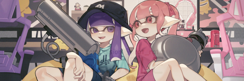 2girls artist_name black_hat bucket_hat callie_(splatoon) drink e-liter_4k_(splatoon) gun hat headphones highres holding holding_gun holding_weapon indoors inkling inkling_girl inkling_player_character long_hair monster_energy multiple_girls nautilus_(splatoon) open_mouth pearl_(splatoon) pink_eyes pink_hair pointy_ears prat_rat purple_eyes purple_hair sitting smile splatoon_(series) splatoon_3 tentacle_hair watermark weapon