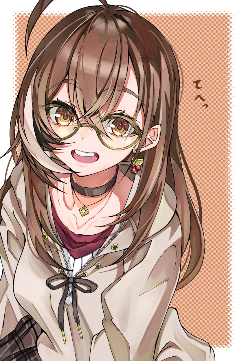 1girl absurdres ahoge berry black_choker brown_eyes brown_hair brown_hoodie brown_skirt choker commentary_request crossed_bangs double-parted_bangs earrings food-themed_earrings glasses gummy_candy_93 hair_between_eyes highres hololive hololive_english hood hoodie jewelry long_hair looking_at_viewer multicolored_hair nanashi_mumei nanashi_mumei_(casual) official_alternate_costume orange_background plaid plaid_skirt red_shirt round_eyewear shirt simple_background skirt smile streaked_hair sweater teeth upper_teeth_only virtual_youtuber white_sweater