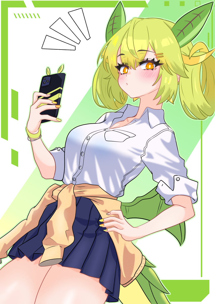 1girl absurdres breasts clothes_around_waist dragon_girl dragon_horns dragon_tail dragon_wings duel_monster green_hair gyaru hand_on_own_hip highres holding holding_phone horns jacket jacket_around_waist kogal light_blush low_wings oldsickkim parlor_dragonmaid partially_unbuttoned phone pleated_skirt school_uniform shirt skirt solo tail white_shirt wings yellow_eyes yellow_nails yu-gi-oh!