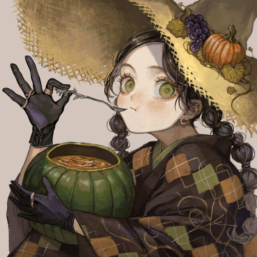 1girl black_gloves black_hair check_copyright copyright_request earrings eating food fruit gloves grapes green_eyes highres holding holding_food jewelry leaf long_hair long_sleeves looking_at_viewer multiple_rings original pumpkin ring sayoko_(sayosny2) simple_background solo spoon twintails upper_body