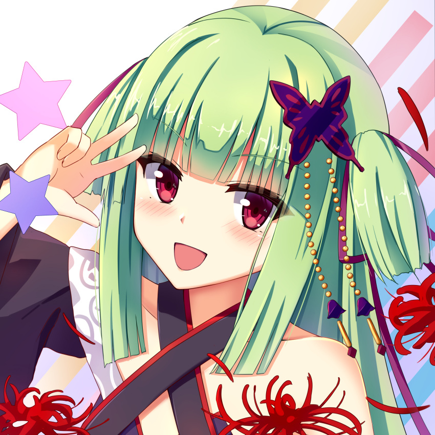 1girl :d absurdres bare_shoulders blunt_bangs blunt_ends blush butterfly_hair_ornament charo_(meme) close-up commentary company_connection criss-cross_halter green_hair hair_ornament hair_ribbon halterneck hand_up highres hime_cut long_hair looking_at_viewer meme murasame_(senren) open_mouth purple_ribbon red_eyes red_spider_lily ribbon senren_banka shu_pian simple_background smile solo star_(symbol) straight_hair tsurime two_side_up v v_over_eye yuzu-soft