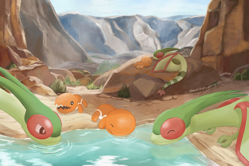 animal_focus canyon colored_skin commentary_request drinking evolutionary_line fangs flygon green_skin highres no_humans omochi_(aoi_guruguru) orange_skin outdoors pokemon pokemon_(creature) skin_fangs star-shaped_pupils star_(symbol) symbol-shaped_pupils tail trapinch water