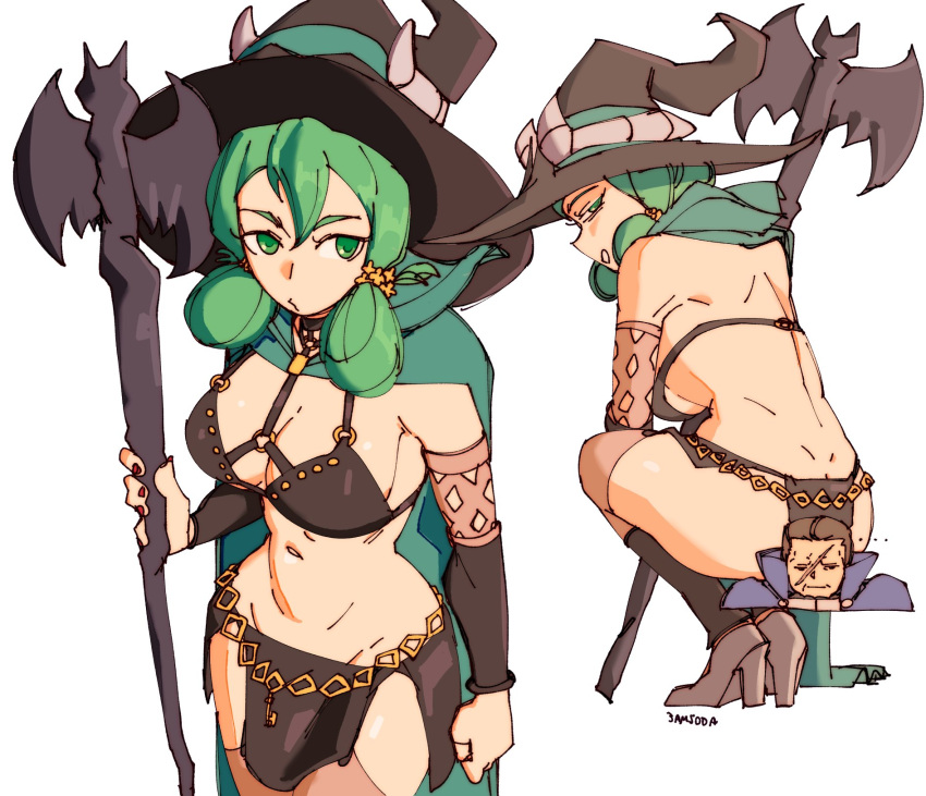 1girl 3amsoda breasts censored cleavage cloak green_cloak green_eyes green_hair hat high_heels highres hodrick_(unicorn_overlord) holding holding_staff long_hair novelty_censor revealing_clothes solo squatting staff unicorn_overlord witch witch_hat yahna