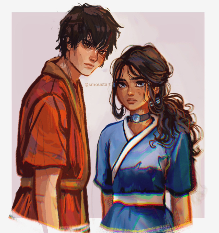 1boy 1girl avatar:_the_last_airbender avatar_legends black_hair blue_eyes blue_kimono brown_hair choker commentary dark-skinned_female dark_skin english_commentary highres japanese_clothes katara kimono looking_at_viewer procreate_(medium) sketch smoustart upper_body zuko