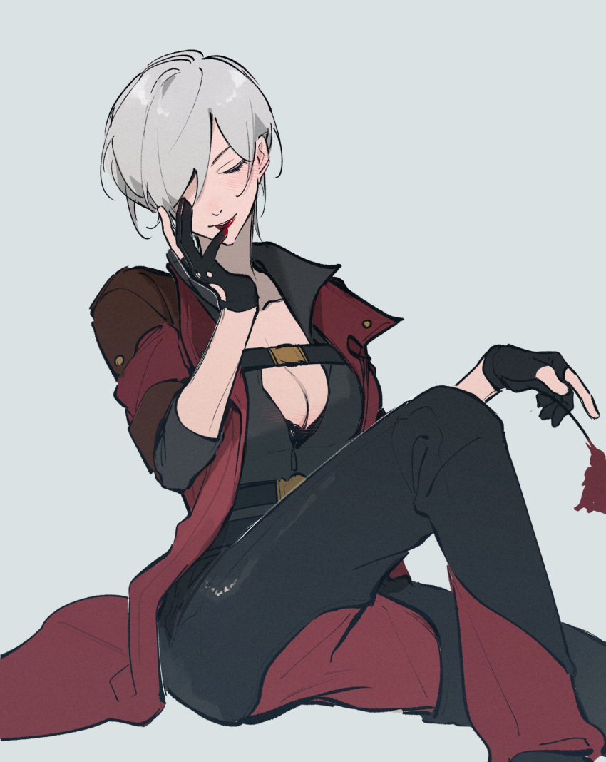 1girl blue_eyes blush breasts cleavage coat dante_(devil_may_cry) devil_may_cry_(series) devil_may_cry_4 fingerless_gloves flower genderswap genderswap_(mtf) gloves hair_over_one_eye highres holding lipstick makeup red_coat red_lips simple_background smile solo superironprop white_hair