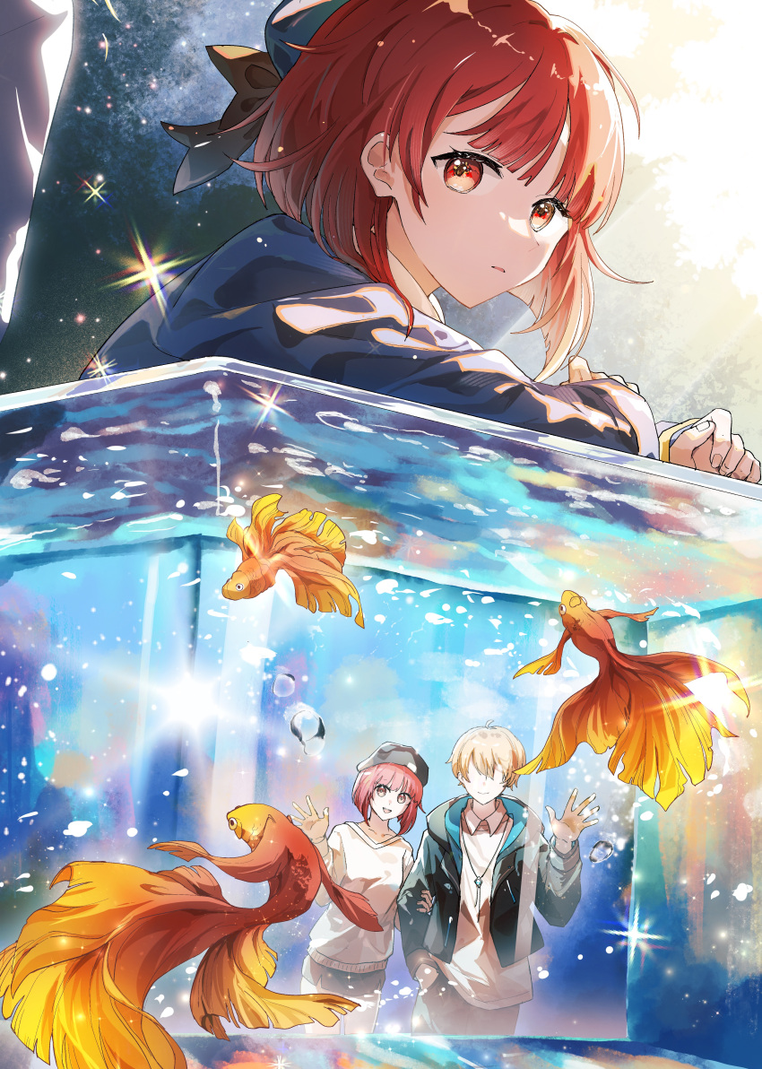 1boy 1girl 2girls absurdres anamnesis123 animal aquarium arima_kana beret black_jacket blonde_hair blue_vest bob_cut closed_mouth commentary fish goldfish hand_on_glass hat hat_ribbon highres holding_hands hood hood_down hoshino_aquamarine inverted_bob jacket jewelry long_sleeves looking_at_viewer multiple_girls necklace no_eyes oshi_no_ko red_eyes red_hair ribbon school_uniform shirt short_hair vest white_shirt youtou_high_school_uniform