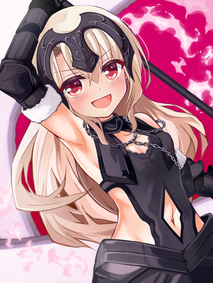 1girl armor armored_dress bare_shoulders black_dress blush breasts chain collar cosplay dress fate/kaleid_liner_prisma_illya fate_(series) faulds flag gauntlets headpiece highres illyasviel_von_einzbern jeanne_d'arc_alter_(avenger)_(fate) jeanne_d'arc_alter_(avenger)_(fate)_(cosplay) jeanne_d'arc_alter_(avenger)_(third_ascension)_(fate) jeanne_d'arc_alter_(fate) long_hair looking_at_viewer metal_collar mochi_(k620803n) open_mouth polearm red_eyes sidelocks small_breasts smile solo weapon white_hair