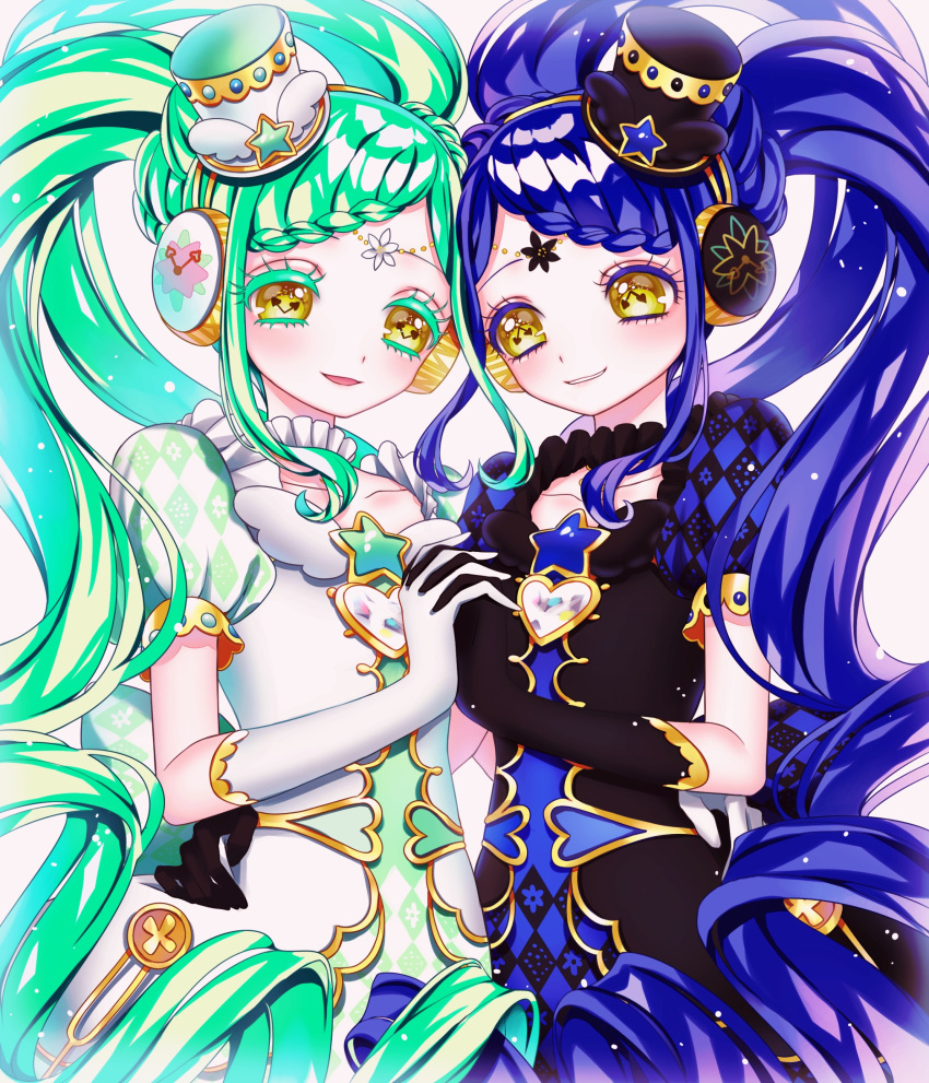 2girls absurdres ao_(ao0_0nemu) bad_id bad_pixiv_id black_dress black_gloves blue_hair braid braided_bangs cowboy_shot dress falala_a_larm garara_s_leep gloves gold_trim green_hair hat head_chain headphones highres holding_hands idol_time_pripara long_hair looking_at_another mini_hat multiple_girls open_mouth pretty_series print_dress pripara puffy_short_sleeves puffy_sleeves short_sleeves siblings sisters smile symbol-shaped_pupils twins twintails very_long_hair white_dress white_gloves yellow_eyes