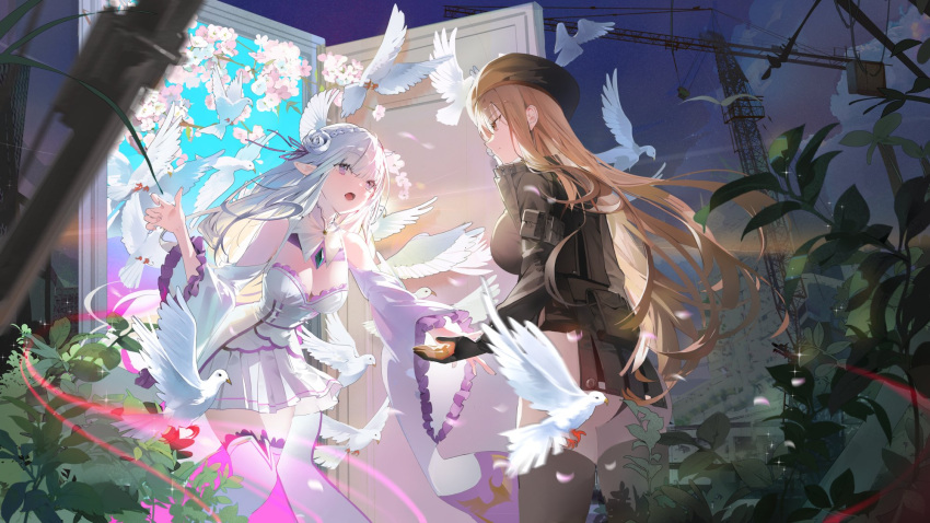 2girls ass bare_shoulders bird blue_sky braid breasts brown_hair buri_(retty9349) crane_(machine) cropped_jacket crown_braid dress elf emilia_(re:zero) flower from_below goddess_of_victory:_nikke hair_flower hair_ornament hair_ribbon highres large_breasts long_hair multiple_girls night night_sky open_mouth pointy_ears pouch purple_eyes purple_ribbon rapi_(nikke) re:zero_kara_hajimeru_isekai_seikatsu ribbon rose sky thighhighs two-tone_gloves white_dress white_flower white_rose wide_sleeves x_hair_ornament