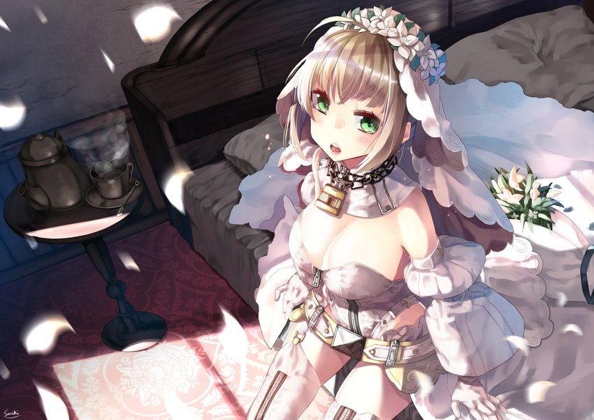 ahoge arm_support bare_shoulders belt blonde_hair breasts carpet chain cleavage cup detached_collar detached_sleeves fate/extra fate/extra_ccc fate_(series) flower from_above green_eyes highres indoors kettle large_breasts lily_(flower) lips lock looking_at_viewer looking_up nero_claudius_(bride)_(fate) nero_claudius_(fate)_(all) open_mouth padlock petals pillow red_carpet saraki sitting solo steam thighhighs tray veil white_sleeves wreath zipper