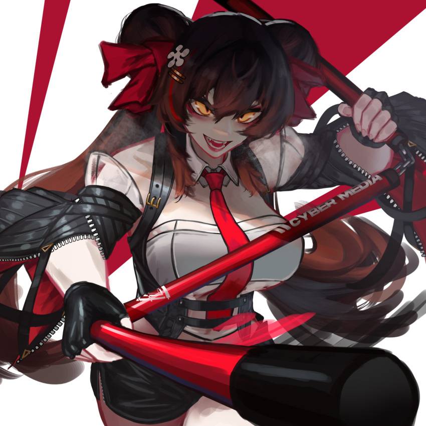 1girl black_gloves black_hair black_shorts detached_sleeves double_bun fingerless_gloves girls'_frontline girls'_frontline_neural_cloud gloves green_eyes hair_bun highres holding holding_staff jiangyu_(neural_cloud) lieeux long_hair necktie red_necktie short_shorts shorts staff twintails type_97_(girls'_frontline)