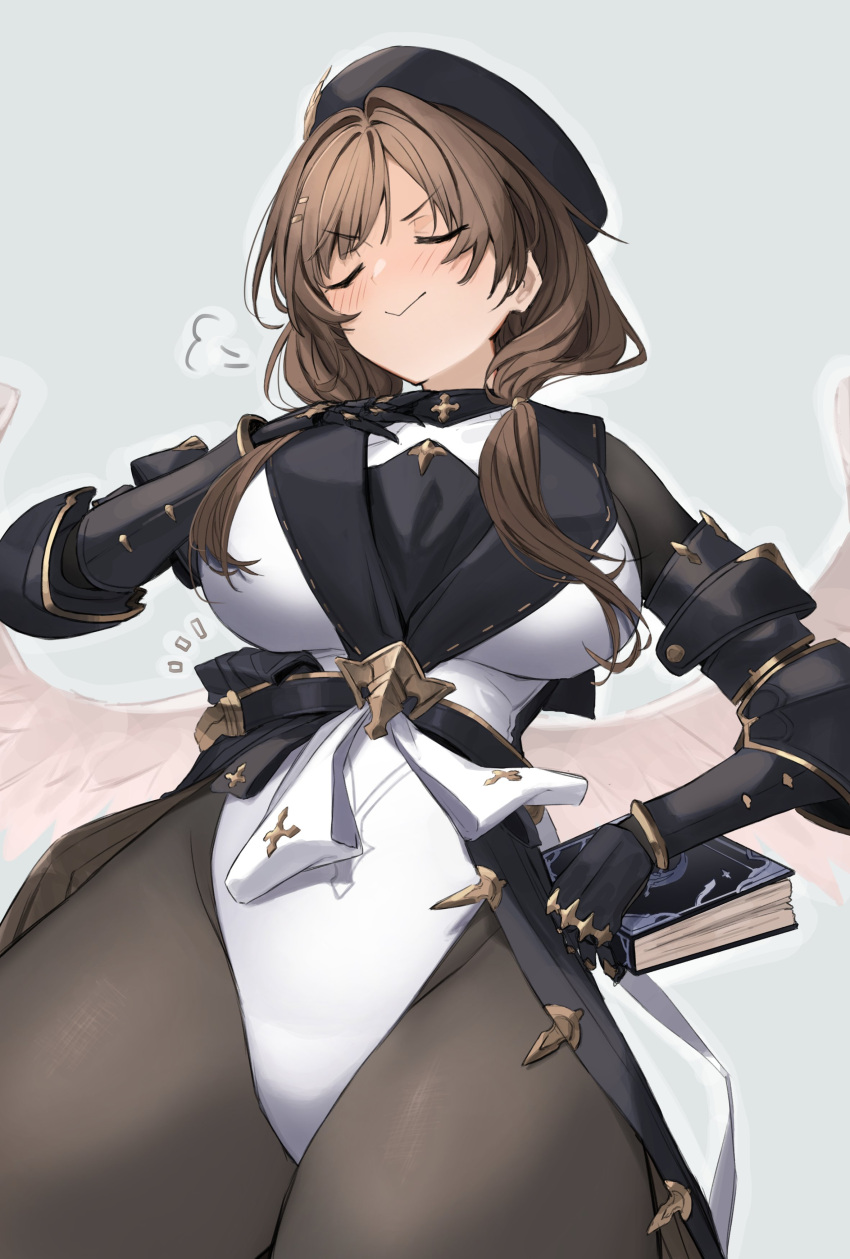 1girl absurdres beret black_bodysuit black_gloves blush bodysuit book breasts brown_hair closed_mouth commentary_request feathered_wings ganesagi gloves granblue_fantasy grey_background hat highres holding holding_book large_breasts leotard long_hair low_ponytail parted_bangs raziel_(granblue_fantasy) simple_background solo v-shaped_eyebrows white_leotard white_wings wings