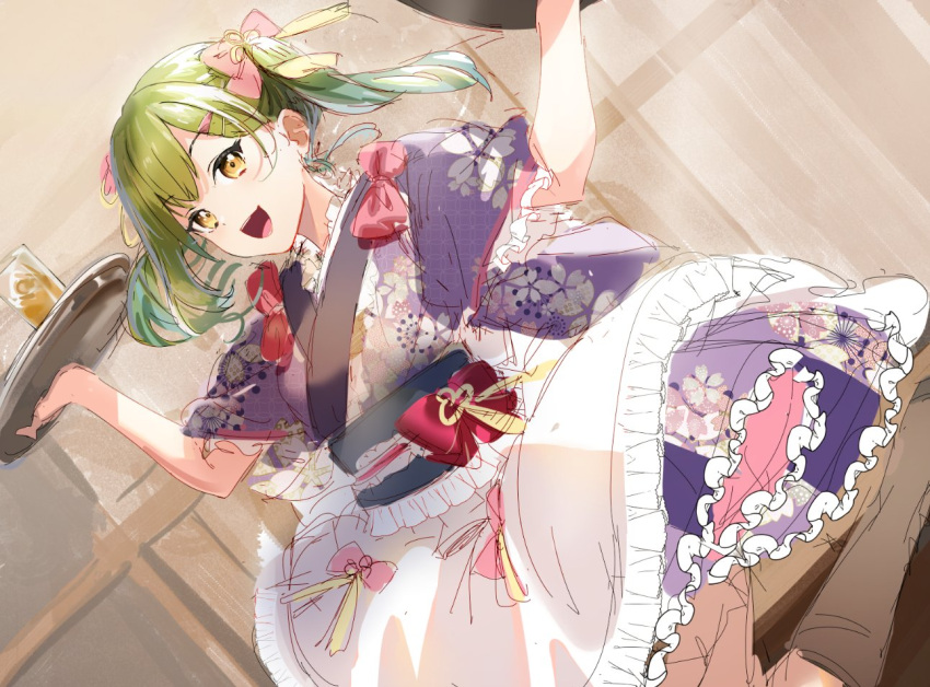 1girl :d alternate_costume alternate_hairstyle ankle_boots blue_sash boots bow brown_footwear commentary_request cup dress_bow drinking_glass floral_print_kimono frilled_kimono frills green_hair hair_bow holding holding_tray indoors japanese_clothes kimono kimono_dress leg_up link!_like!_love_live! long_hair looking_at_viewer love_live! maid obi oogami_sachi open_mouth orihi_chihiro pink_bow purple_kimono sash sketch smile solo swept_bangs tea tray twintails wa_maid yellow_eyes