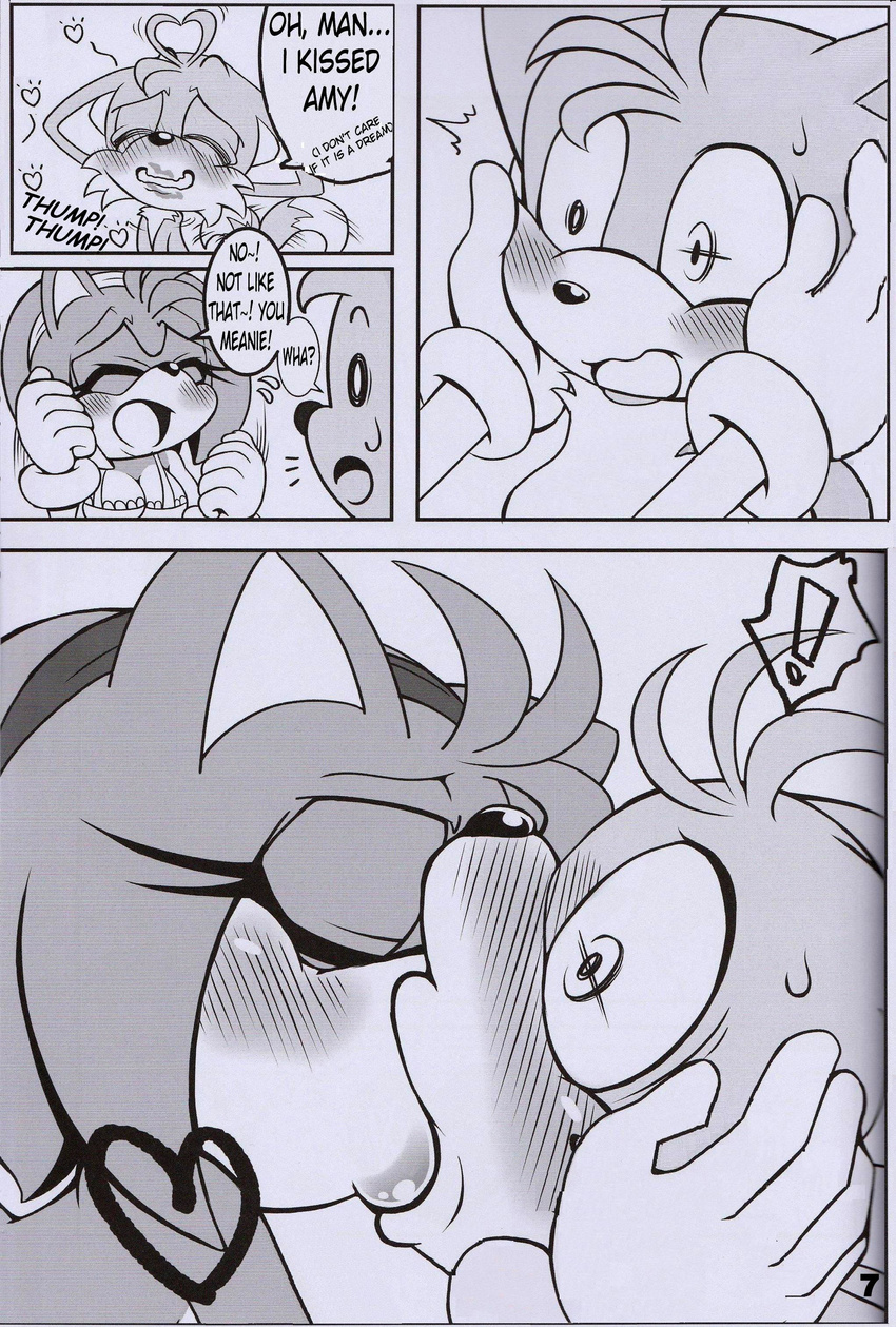 &lt;3 absurd_res amy_rose anthro canine comic english_text female fox greyscale hedgehog hi_res kiss_mark kissing lipstick makeup male mammal michiyoshi miles_prower monochrome sonic_(series) text