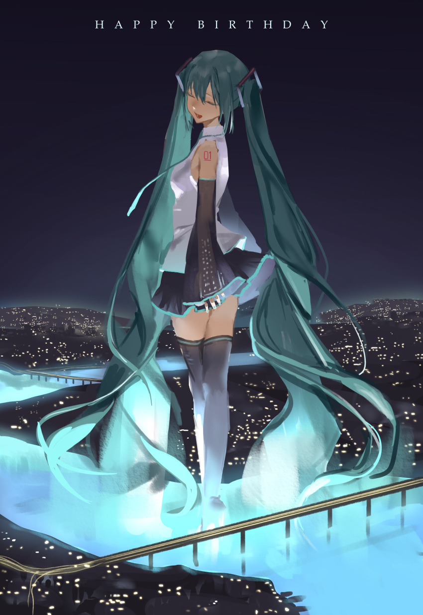 1girl absurdres bare_shoulders black_hairband black_skirt black_thighhighs blue_hair blue_necktie chamuring city_lights closing_eyes collared_shirt from_behind full_body giant hair_between_eyes hairband happy_birthday hatsune_miku head_tilt highres light_smile looking_back lower_teeth_only music necktie night night_sky open_mouth shirt shoulder_tattoo sidelocks singing skirt sky sleeveless solo standing tattoo teeth thighhighs twintails vocaloid white_shirt