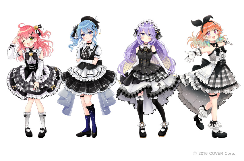 4girls :d arm_up asymmetrical_legwear bare_shoulders beret black_dress black_footwear black_skirt black_thighhighs blue_eyes blue_hair breasts center_frills commentary_request detached_sleeves dress frills full_body gloves gradient_hair green_eyes hair_ornament hairband hairclip hat high_heels highres hololive hoshimachi_suisei lace-trimmed_gloves lace_trim long_sleeves medium_breasts moona_hoshinova multicolored_hair multiple_girls official_art one_side_up open_mouth orange_hair outstretched_arms pink_hair plaid plaid_headwear plaid_skirt pleated_skirt puffy_long_sleeves puffy_sleeves purple_eyes purple_hair sakura_miko sakura_oriko shirt side_ponytail simple_background skirt sleeveless sleeveless_shirt smile socks spread_arms standing star_(symbol) star_hair_ornament takanashi_kiara thighhighs virtual_youtuber white_background white_gloves white_shirt white_skirt white_sleeves white_socks x_hair_ornament